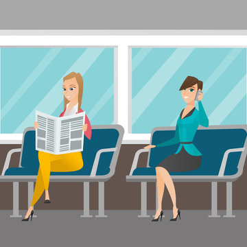 Caucasian women traveling by public transport. Woman using mobile phone while traveling by public transport. Woman reading newspaper in public transport. Vector cartoon illustration. Square layout.