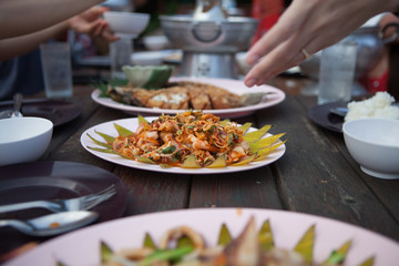 spicy salad shrimp on the table.