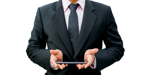 Businessmen hold a smartphone with digital pattern to view social data networking concept.