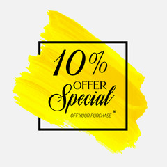 Sale  special offer 10% off sign over watercolor art brush stroke paint abstract background vector illustration. Perfect acrylic design for a shop and sale banners.