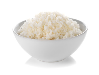 Rice in a bowl on a white background