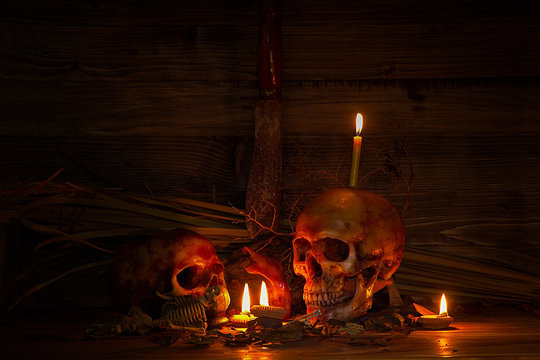 Two skull still life with knife in dark scene for halloween night