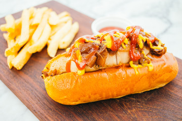 Hotdog with french fries and tomato sauce
