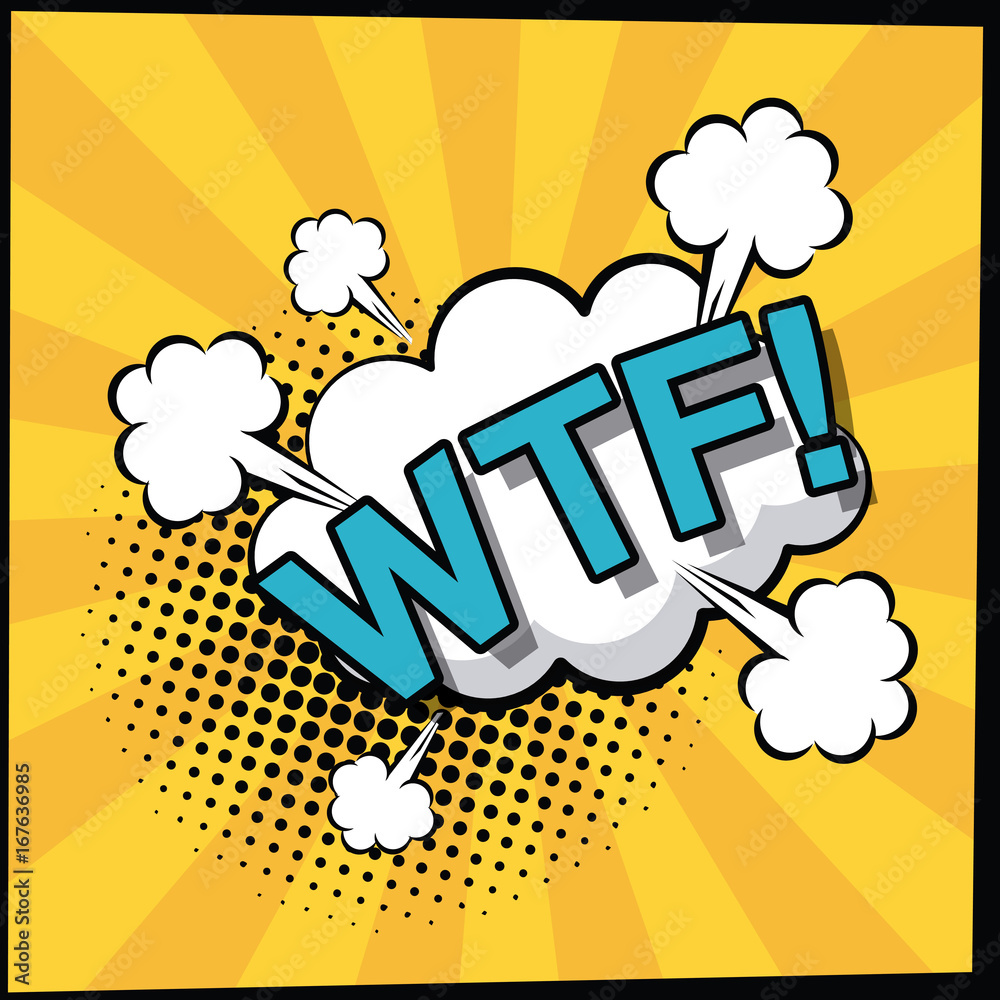 Sticker color background pop art style with striped and cloud explosive callout in cumulus shape with wtf te