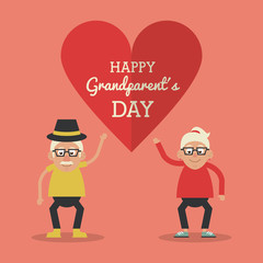 salmon color card and heart background with text happy grandparents day with elderly couple standing and holding heart vector illustration