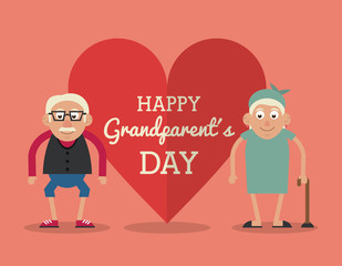 salmon color card and heart background with text happy grandparents day with elderly couple and her with walking stick vector illustration