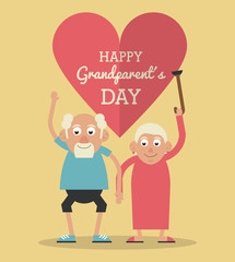 light yellow color card and heart background with text happy grandparents day with elderly couple holding hands and grandmother raising the cane vector illustration
