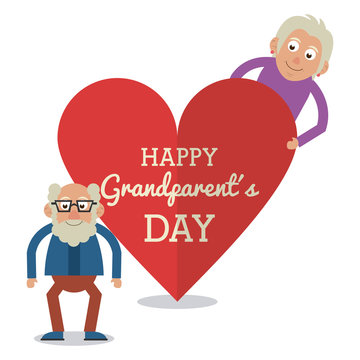 white color card and heart background with text happy grandparents day with elderly couple and him with glasses vector illustration