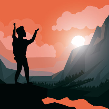 colorful sunset landscape of climber man celebrating at the top of mountain vector illustration