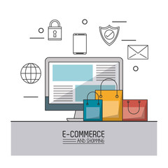 colorful poster of e-commerce and shopping with desktop computer and shopping bags and monochrome icons on top vector illustration