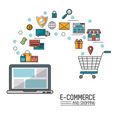 colorful poster in white background of e-commerce and shopping with laptop computer and process add to shopping cart vector illustration