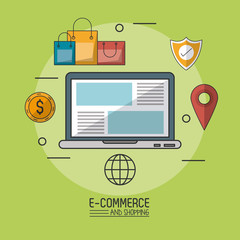 colorful poster in green background of e-commerce and shopping with laptop computer in closeup and commerce icons around vector illustration