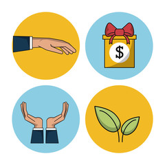 white background with colorful spheres with hands and plant and box gift with money symbol vector illustration