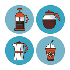 white background with colorful circular frames with icons of coffee as kettle and glass jar and disposable cup vector illustration