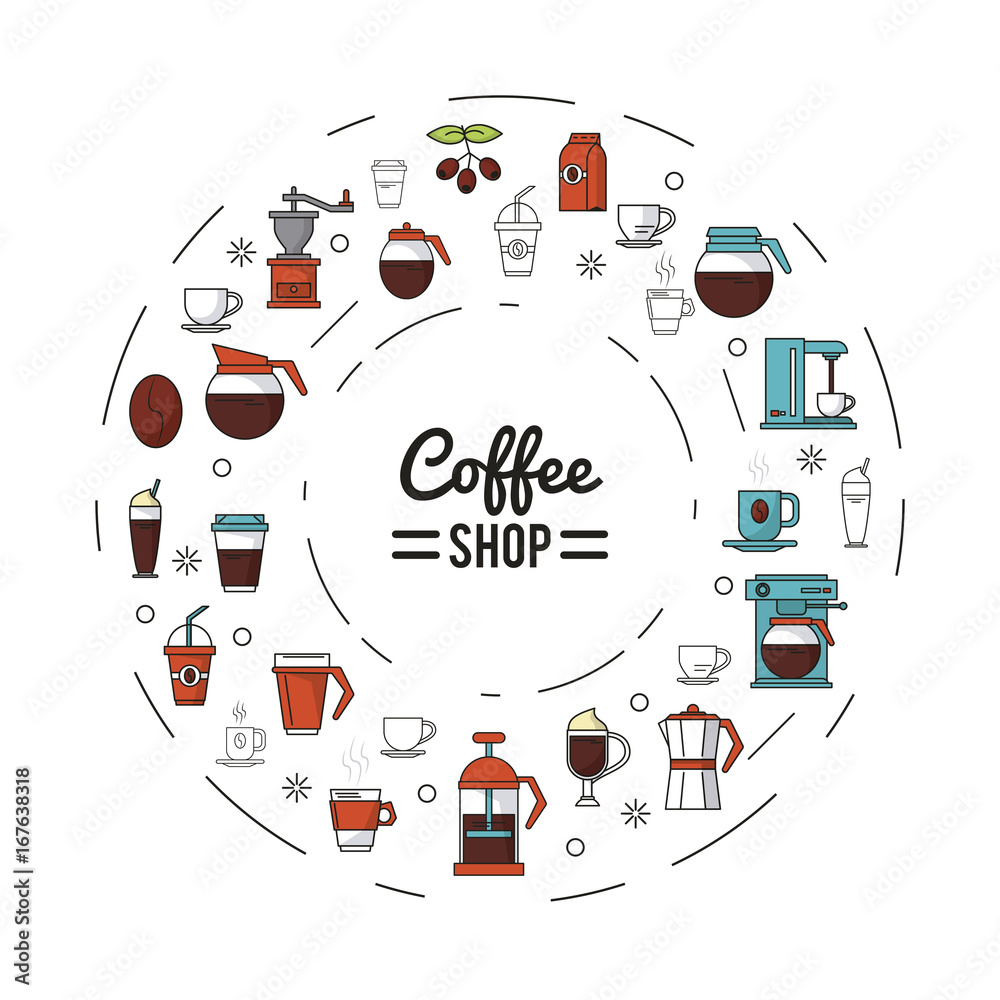 Sticker colorful poster of coffee shop with several icons related to coffee in shape of circle vector illust