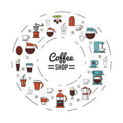colorful poster of coffee shop with several icons related to coffee in shape of circle vector illustration