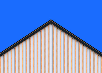3d rendering. wood panels wall gable house roof and blue sky as background