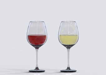 3d rendering. red and white wine in the glasses on gray background