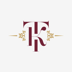 Logo monogram with letter T and letter K in vintage style with ornament. Monogram Initial TK vector company logotype design template.