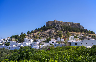 Fototapeta na wymiar Lindos Castle and Lindos town view, Rhodes, Greece