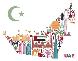 Naklejka premium Map of United Arab Emirates consisting of the traditional symbols of Dubai