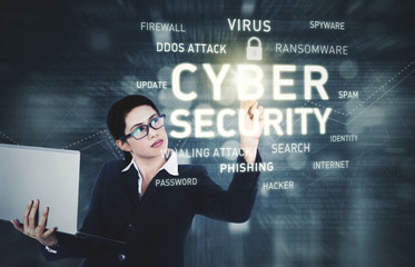 Businesswoman touches cyber security text