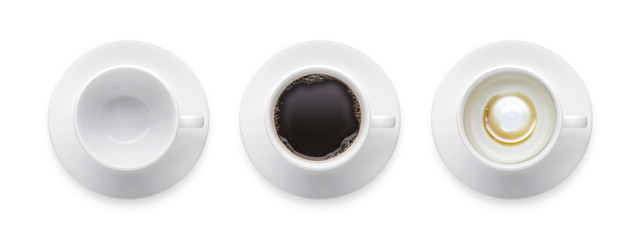Top view - hot black coffee cup, empty coffee cup, 3 style coffee cup isolate on white background with clip path.