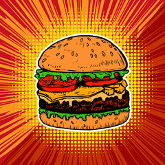 Burger illustration on pop art style background.