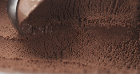 closeup scooping chocolate ice cream
