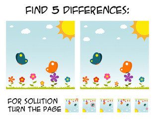 Child game - find 5 differences in pictures; with step by step solution; picture with butterflies and flowers during sunny day