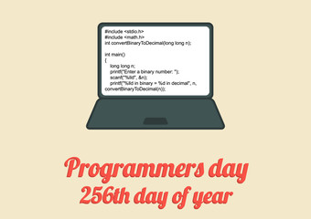 Flat poster for Programeers day which is celebrated on 256th day of year, in 2017 it will be 13rd September; computer with short code in C language