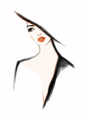 Beautiful woman in hat. Fashion illustration. Watercolor painting
