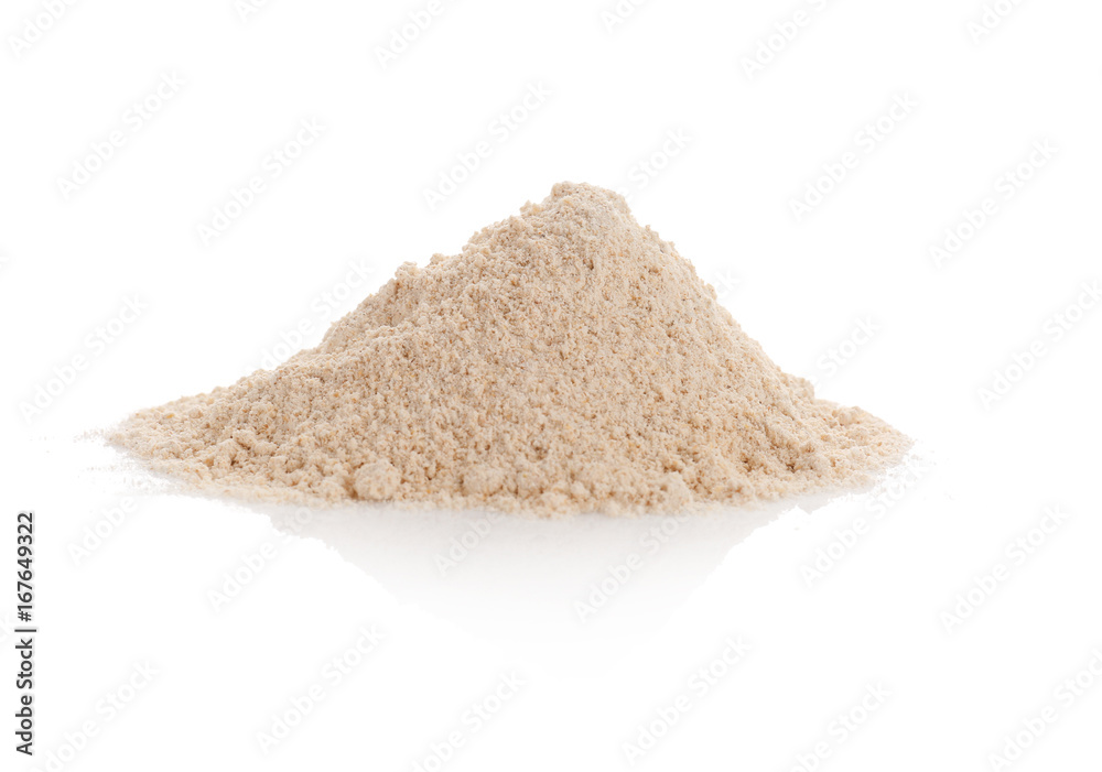 Sticker heap of oat flour on white background