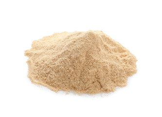 Fototapeta na wymiar Heap of rye flour on white background