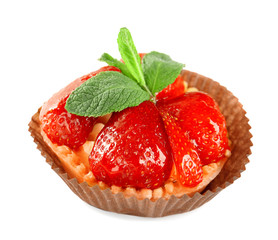 Delicious dessert with strawberry on white background