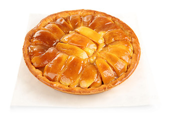 Delicious pie with fruit on white background
