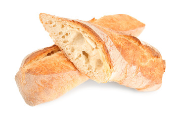 Tasty loaf of bread on white background