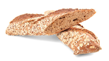 Tasty loaf of bread on white background
