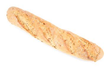 Tasty loaf of bread on white background