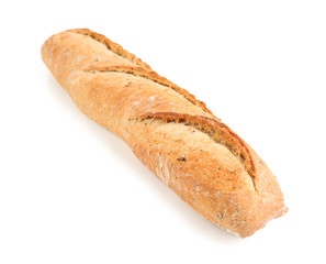 Tasty loaf of bread on white background