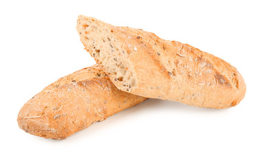 Tasty loaf of bread on white background