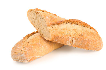 Tasty loaf of bread on white background