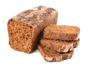 Loaf and three slices of rye bread on white background