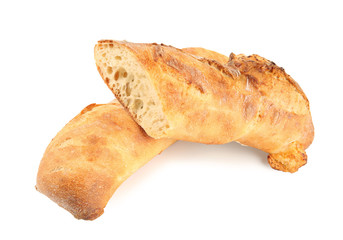Tasty loaf of bread on white background