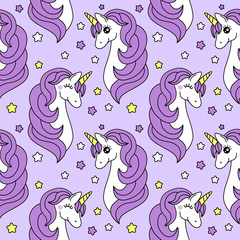 Cute childish seamless pattern with cartoon character of magic unicorn