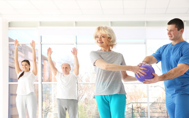 Physiotherapist working with elderly patient in modern clinic