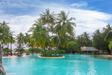 Fototapeta na wymiar Territory of hotel with swimming pool and palms in summer day