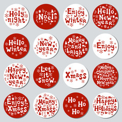 Obraz premium Christmas New Year gift round stickers. Labels xmas set. Hand drawn decorative element. Collection of holiday christmas stickers in red white. Texture. Vector illustration. Lettering, calligraphy.