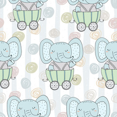Fototapeta na wymiar Hand drawn seamless pattern with Cute elephant In the trailer. Pattern print for kids