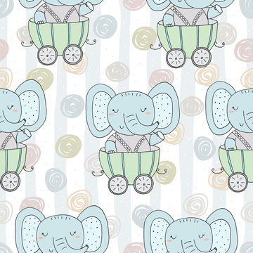 Hand drawn seamless pattern with Cute elephant In the trailer. Pattern print for kids